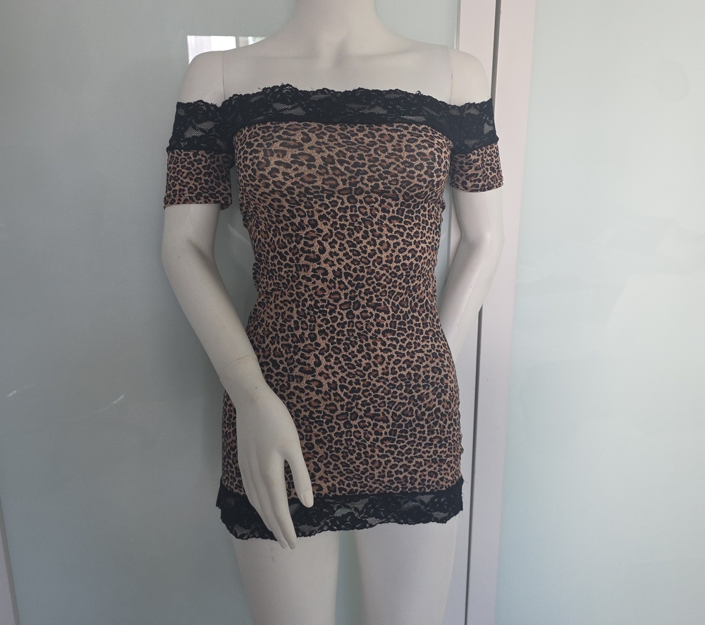 Off-Shoulder Leopard Print Mini Dress with Lace Trim - Brown